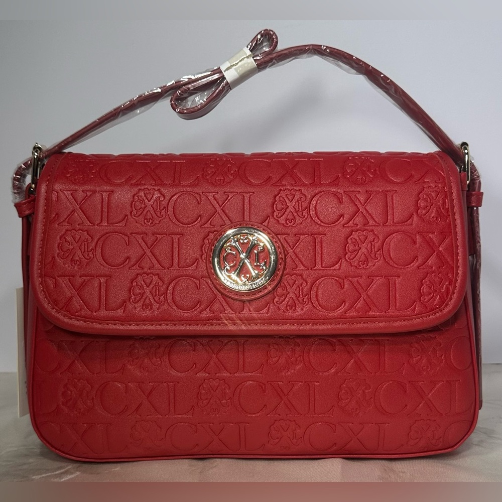 CXL by Christian Lacroix Clara Embossed Logo shoulder bag in red faux leather.